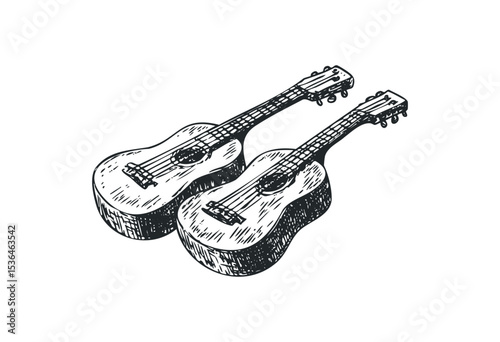 Pair of hand-drawn vintage acoustic guitars with detailed strings and bodies. Vector retro hand drawn illustration