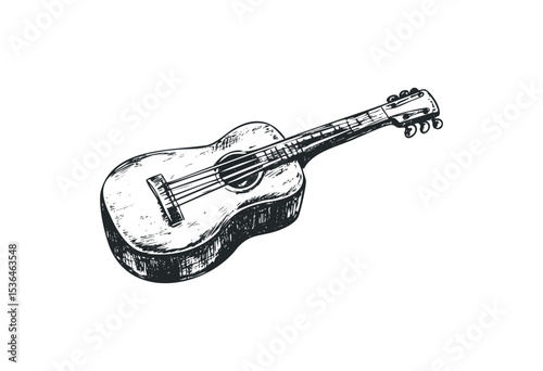 Vintage acoustic guitar sketch with detailed strings and body design. Vector retro hand drawn illustration
