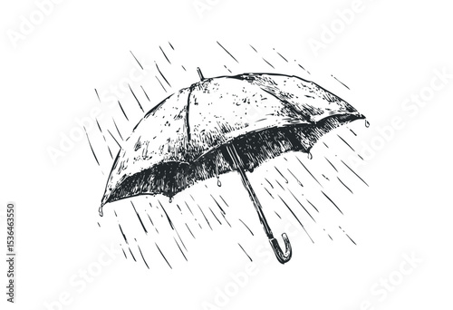 Sketch of umbrella in rain with falling raindrops. Vector retro hand drawn illustration