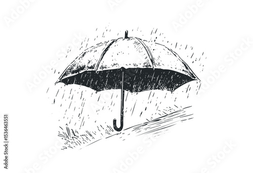 Sketch of an umbrella in the rain depicting a windy day. Vector retro hand drawn illustration