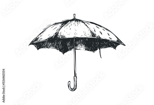 Vintage black and white illustration of an open umbrella. Vector retro hand drawn illustration
