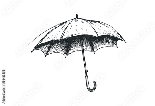 Detailed sketch of classic umbrella with curved handle. Vector retro hand drawn illustration