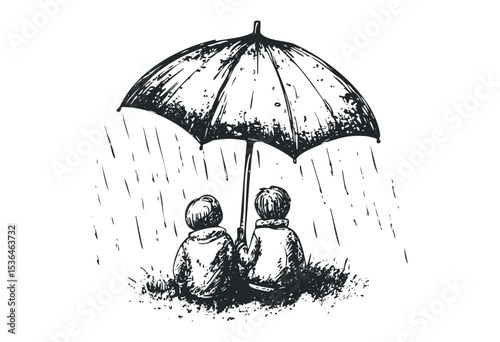 Two children sheltering under an umbrella illustration. Vector retro hand drawn illustration