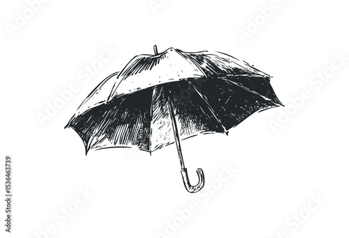 Hand-drawn black umbrella sketch with curved handle. Vector retro hand drawn illustration
