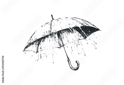 Sketch of open umbrella with raindrops in minimalist style. Vector retro hand drawn illustration
