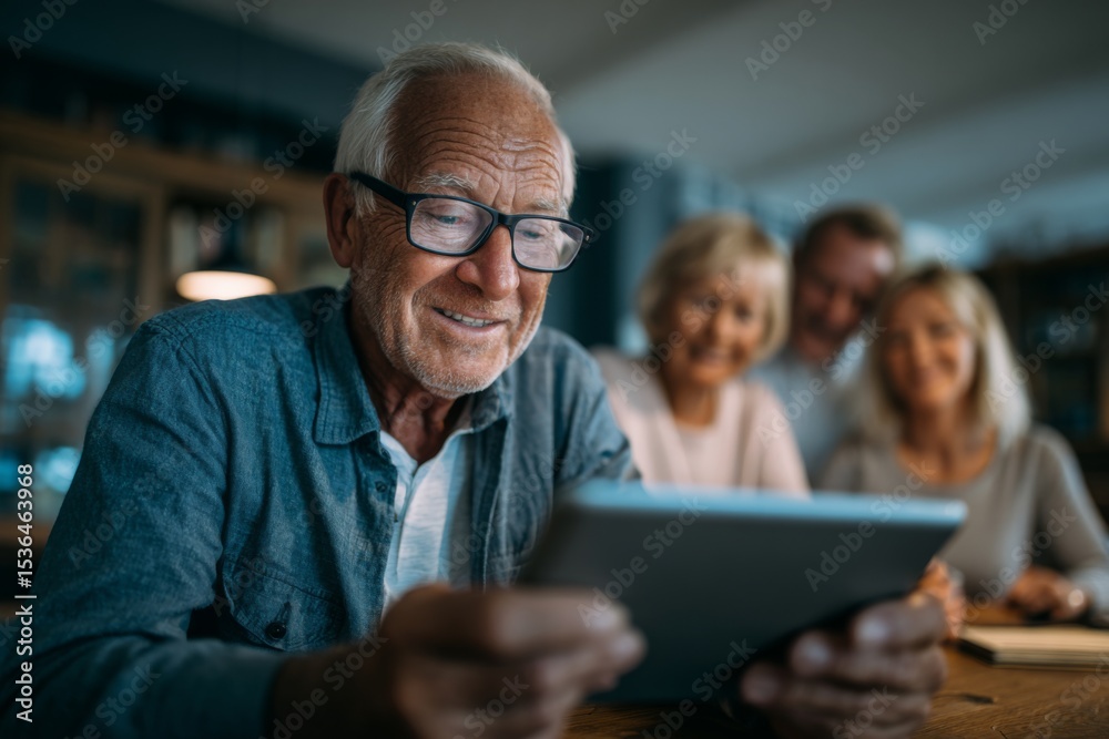 Fototapeta premium Elderly person using a tablet with guidance from a family member, bridging the digital divide.