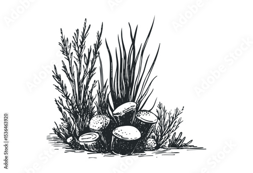 Detailed botanical illustration of mushrooms and grasses. Vector retro hand drawn illustration