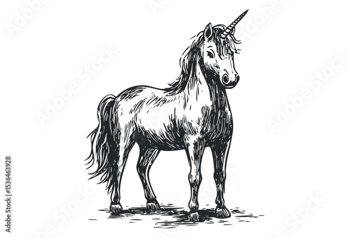Detailed black and white illustration of a majestic unicorn. Vector retro hand drawn illustration
