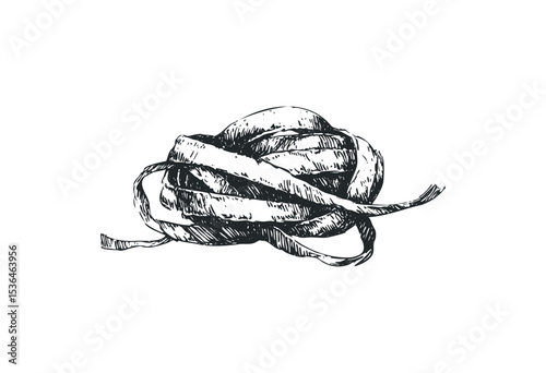 Monochrome sketch of yarn ball with ribbon ends intertwined. Vector retro hand drawn illustration