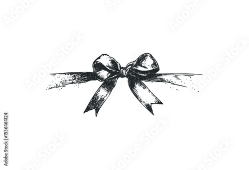 Detailed ink drawing of a bow with streaming ribbons. Vector retro hand drawn illustration