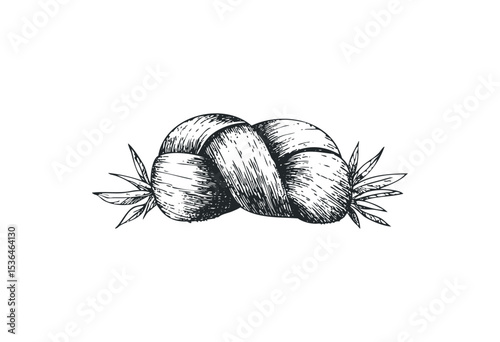 Detailed sketch of a braided bread loaf with wheat design elements. Vector retro hand drawn illustration