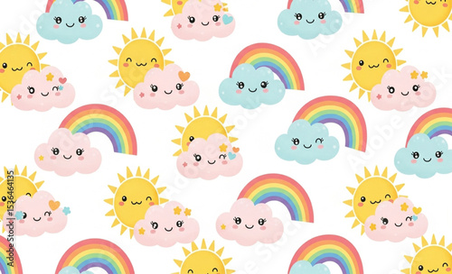 Cute Cartoon Clouds, Sun, and Rainbow Seamless Pattern | Cheerful Kawaii Sky Elements Repeating Background for Kids' Apparel, Wallpaper, and Product Packaging