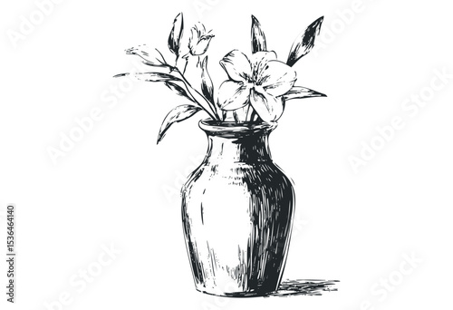 Hand-drawn floral vase artwork with detailed flowers and leaves. Vector retro hand drawn illustration