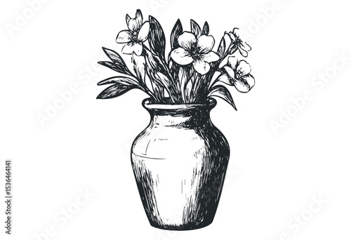 Detailed sketch of a flower bouquet in a vase with intricate line work. Vector retro hand drawn illustration