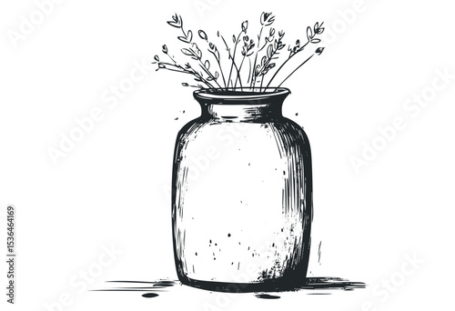 Simple black and white sketch of a vase with delicate flowers. Vector retro hand drawn illustration