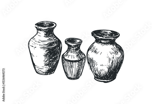 Artistic sketch of three decorative ceramic vases. Vector retro hand drawn illustration