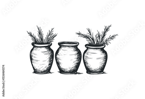 Three hand-drawn vases with plants. Vector retro hand drawn illustration