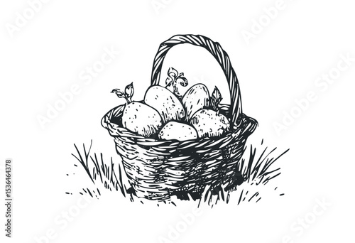 Wicker basket with fresh apples in rustic black and white drawing. Vector retro hand drawn illustration