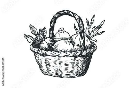 Hand-drawn basket of fresh vegetables including onions and herbs. Vector retro hand drawn illustration