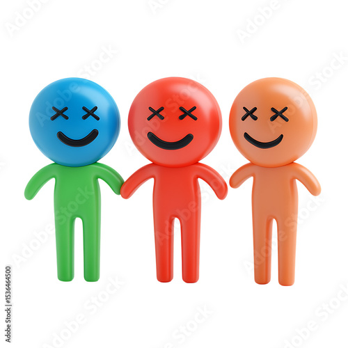 PNG Three Playful Smiley Face Figurines Colorful Quirky and Fun Desk Decor against transparent Background
