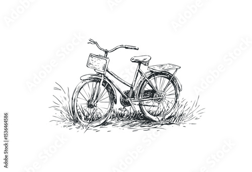 Vintage bicycle illustration with grass details. Vector retro hand drawn illustration