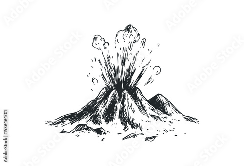Hand-drawn volcano eruption illustration with smoke and ash. Vector retro hand drawn illustration