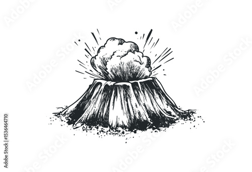 Erupting volcano with smoke and ash exploding from the crater. Vector retro hand drawn illustration