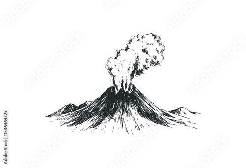 Erupting volcano amidst distant mountains in detailed sketch. Vector retro hand drawn illustration
