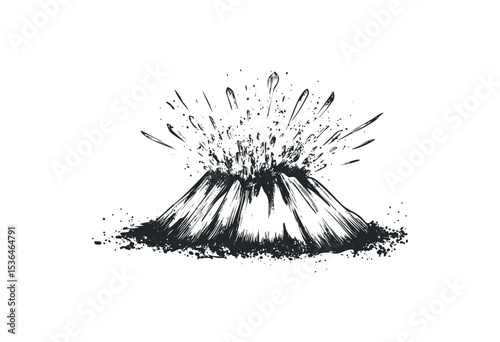 Hand-drawn erupting volcano with explosive lava burst. Vector retro hand drawn illustration