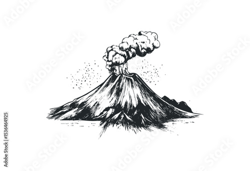Erupting volcano with smoke and ash in vintage illustration style. Vector retro hand drawn illustration
