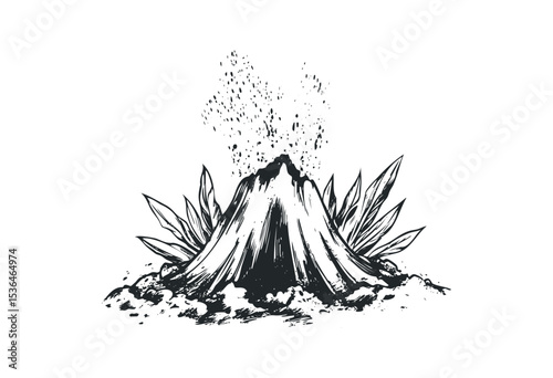 Erupting volcano with ash and smoke in detailed artistic sketch. Vector retro hand drawn illustration
