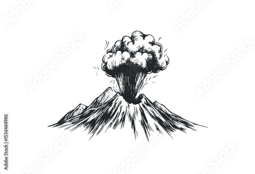 Explosive volcano eruption captured in detailed sketch. Vector retro hand drawn illustration