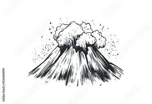 Hand-drawn volcanic eruption with ash clouds and explosive debris. Vector retro hand drawn illustration