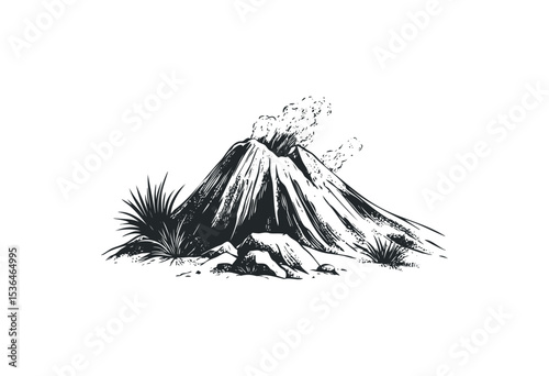 Erupting volcano illustration with smoke and rocks. Vector retro hand drawn illustration