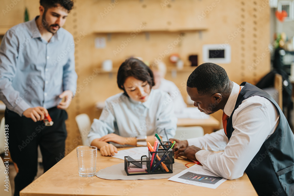 Three coworkers collaborating and brainstorming new ideas in a stylish rustic-themed office workspace, fostering teamwork and productivity. Three coworkers collaborating and brainstorming new ideas in a stylish rustic-themed office workspace, fostering teamwork and productivity.