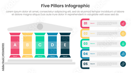 Five pillars framework with ancient classic construction infographic with 5 point stage template with colorfull pillar and rectangle round container for slide presentation