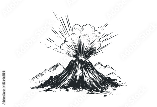 Eruption of a volcano with explosive ash cloud and surrounding mountains. Vector retro hand drawn illustration