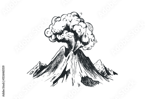 Volcanic eruption illustration with smoke clouds from mountain peaks. Vector retro hand drawn illustration