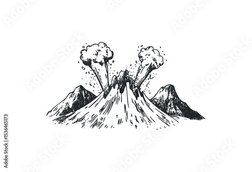 Vintage volcano eruption illustration with smoke and lava. Vector retro hand drawn illustration