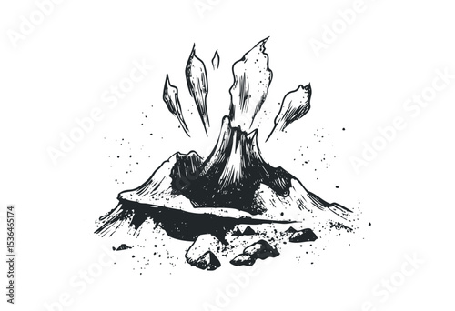 Erupting volcano graphic with ash and rocks illustration. Vector retro hand drawn illustration