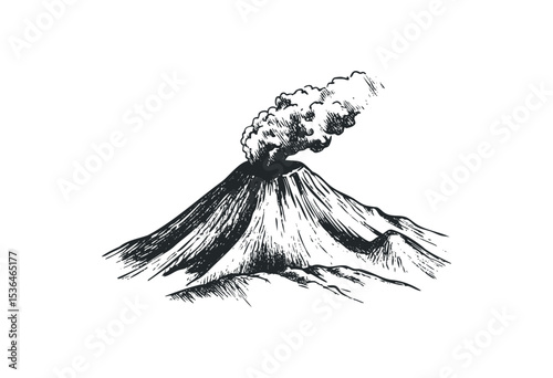 Hand-drawn volcanic eruption with smoke emission in detailed sketch style. Vector retro hand drawn illustration