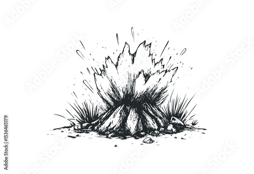 Dynamic eruption of a cartoon volcano illustration with explosive energy. Vector retro hand drawn illustration
