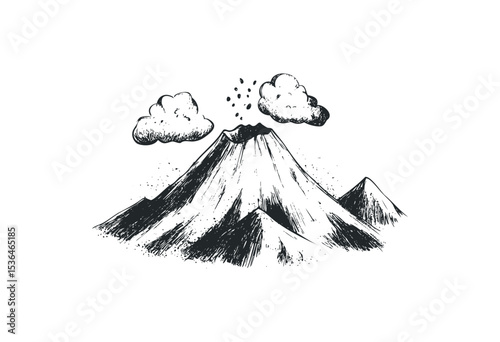 Sketch of erupting volcano with clouds and ash. Vector retro hand drawn illustration