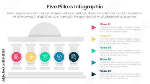 Five pillars framework with ancient classic construction infographic with 5 point stage template with round building and circle pillar badge for slide presentation
