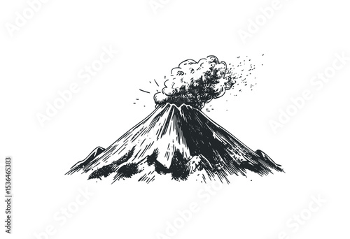 Erupting volcano in detailed black and white ink drawing with smoke and ash. Vector retro hand drawn illustration