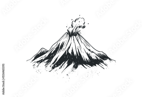 Erupting volcano with ash cloud illustration. Vector retro hand drawn illustration
