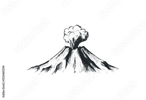 Vintage volcano illustration erupting with smoke in classic black and white style. Vector retro hand drawn illustration