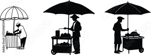 Street Vendor Cooking Silhouette Vector, Food Cart with Umbrella Clipart.