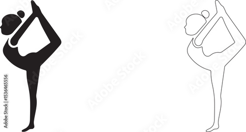 Pose with leg behind back. Vector silhouette of female workout, yoga.