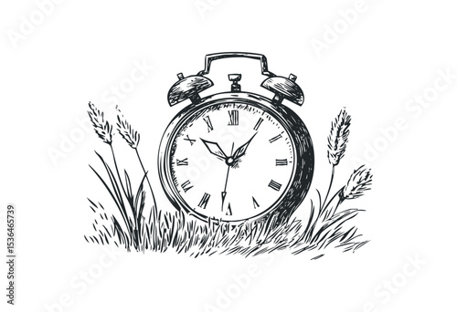 Vintage alarm clock in grass sketch with roman numerals and natural elements. Vector retro hand drawn illustration